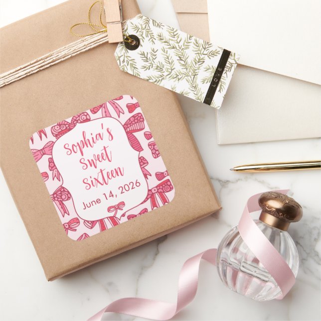 Coquette Pink Bow Party Square Stickers (Gifting)