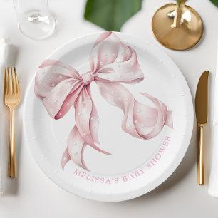 Coquette Pink Bow Pearls Baby Shower Paper Plate