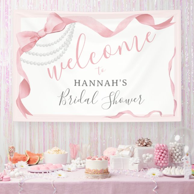 Coquette Pink Bow & Pearls Modern Bridal Shower Banner (Party)