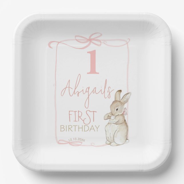 Coquette Pink Bow Peter the Rabbit 1st Birthday  Paper Plate (Front)