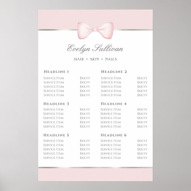 Coquette pink bow price list poster (Front)