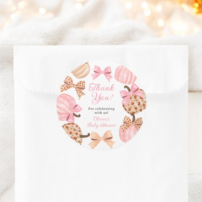 Coquette Pink Bow Pumpkin Baby Shower Thank You Classic Round Sticker (Coquette Pink Bow Pumpkin Baby Shower Thank You Classic Round Sticker)