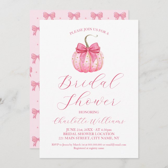 Coquette Pink Bow Pumpkin Halloween Bridal Shower Invitation (Front/Back)