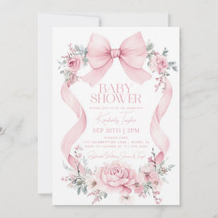 Coquette Pink Bow Roses Flowers Baby Shower Invitation