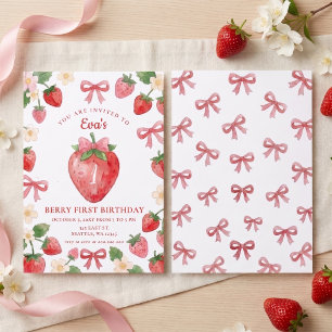 Coquette Pink Bow Strawberry Berry First Birthday Invitation