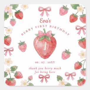 Coquette Pink Bow Strawberry Berry First Birthday Square Sticker