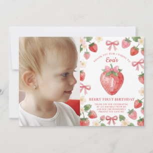 Coquette Pink Bow Strawberry First Birthday Photo Thank You Card