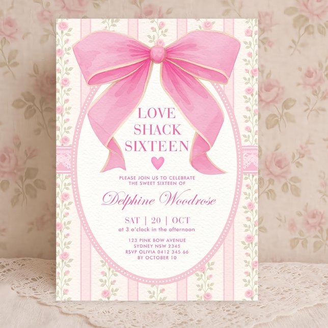 Coquette Pink Bow Sweet 16 Invitation Template (Creator Uploaded)