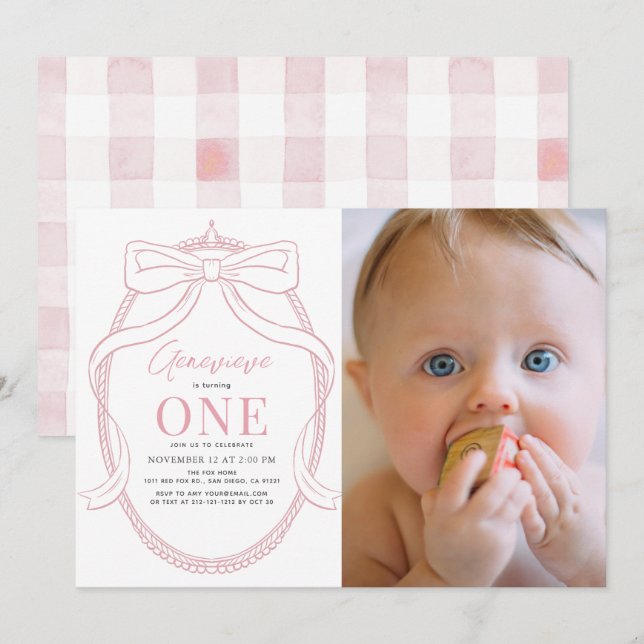 Coquette Pink Bow Tiara Girl 1st Birthday Photo Invitation (Front/Back)