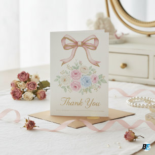 Coquette Pink Bow Watercolor Floral Gold Thank You Card