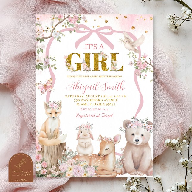 Coquette pink bow woodland animals baby shower invitation (Creator Uploaded)