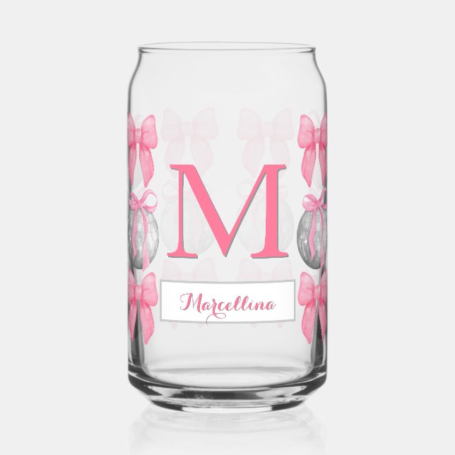 Coquette Pink Bows and Disco Ball Gift for Her Can Glass (Left)