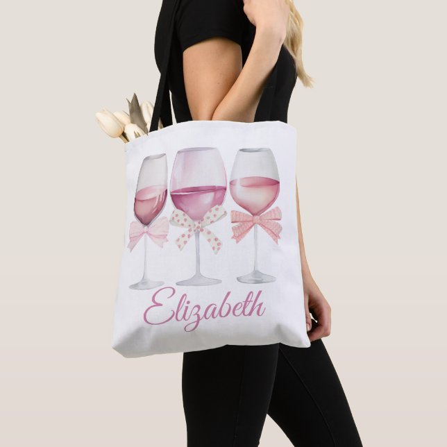 Coquette Pink Bows and Wine Bachelorette Tote Bag (Close Up)