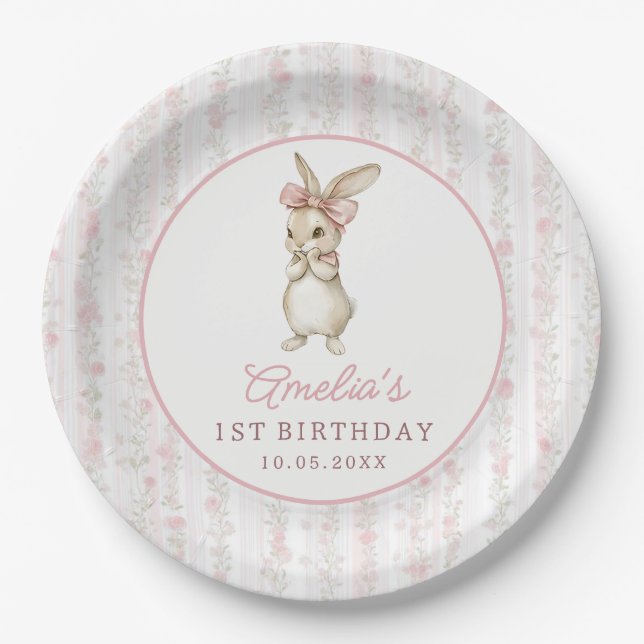 Coquette Pink Bunny Birthday Party Paper Plates (Front)