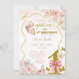 Coquette Pink Butterfly baptism and first birthday Invitation