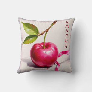 Coquette Pink Cherry with Leaves and Ribbon Throw Pillow