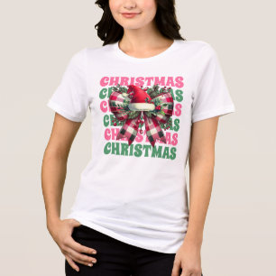  Coquette Pink Christmas Santa Bow  Tri-Blend Shirt