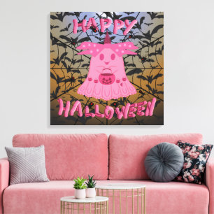 Coquette Pink Ghost Happy Halloween Digital Art Canvas Print