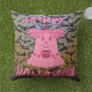 Coquette Pink Ghost Happy Halloween Digital Art Outdoor Pillow