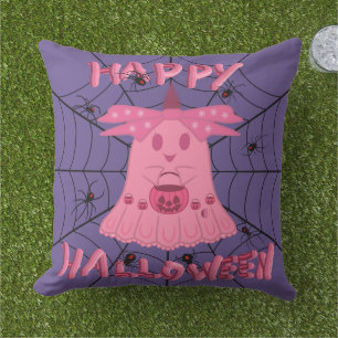 Coquette Pink Ghost Happy Halloween Digital Art Outdoor Pillow