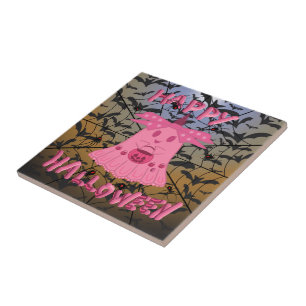 Coquette Pink Ghost Happy Halloween Digital Art Tile