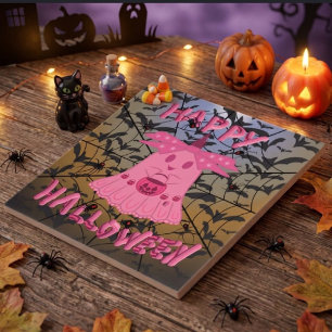 Coquette Pink Ghost Happy Halloween Digital Art Tile