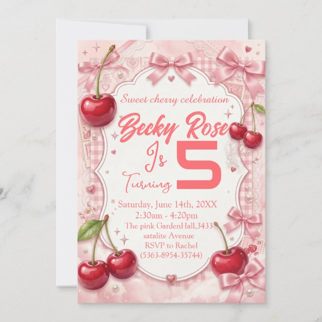 Coquette Pink Gingham Cherry birthday  Invitation (Front)