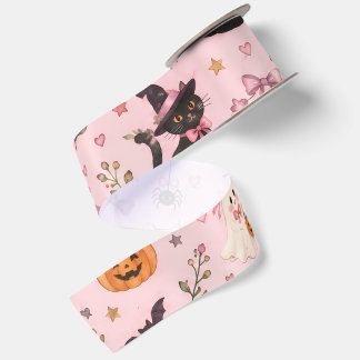 Coquette Pink Halloween Ghost Black Cat Pumpkin Satin Ribbon