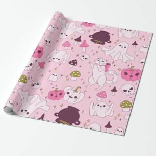 coquette pink halloween witch cat ghost skull wrapping paper