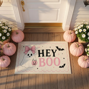 Coquette Pink Hey Boo Ghost Halloween Doormat