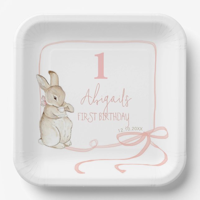 Coquette Pink Peter the Rabbit 1st Birthday  Paper Plate (Front)