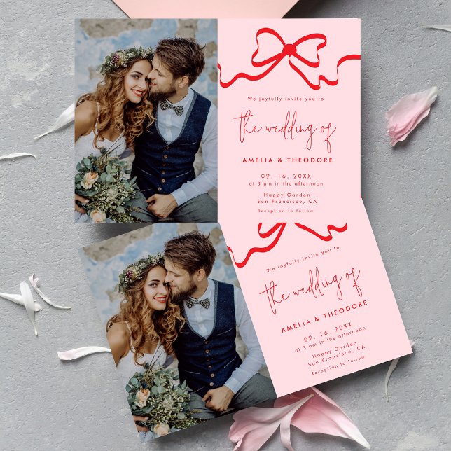 Coquette Pink Red Bow Photo Wedding Invitation (Creator Uploaded)