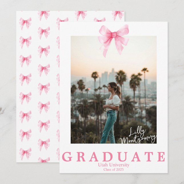Coquette Pink Ribbon Photo Graduation Announcement (Front/Back)