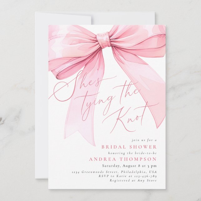Coquette Pink She's Tying the Knot Bridal Shower Invitation (Front)