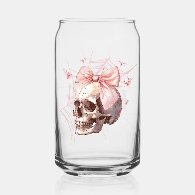 Coquette Pink Skull Personalized Glass Can (Front)
