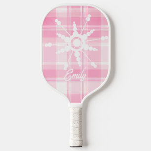 Coquette Pink Snowflake Plaid Name Pickleball Paddle