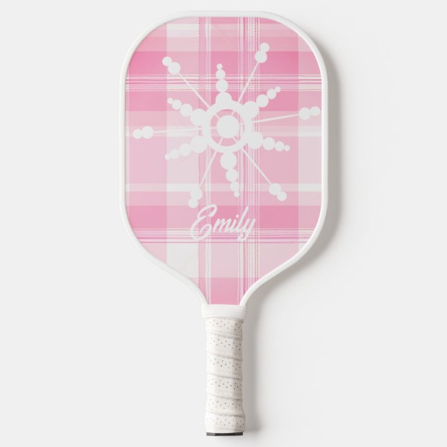 Coquette Pink Snowflake Plaid Name Pickleball Paddle (Front)