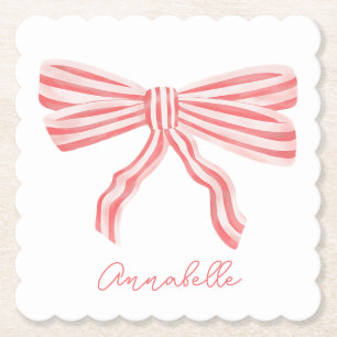 Coquette Pink Striped Bow Paper Coaster