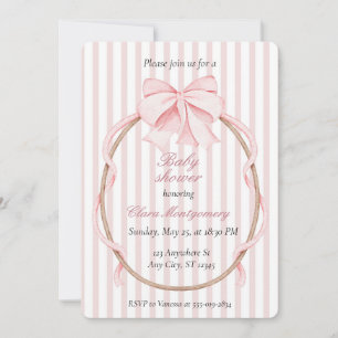 Coquette Pink Stripes Ribbon Bow Girl Baby Shower Invitation