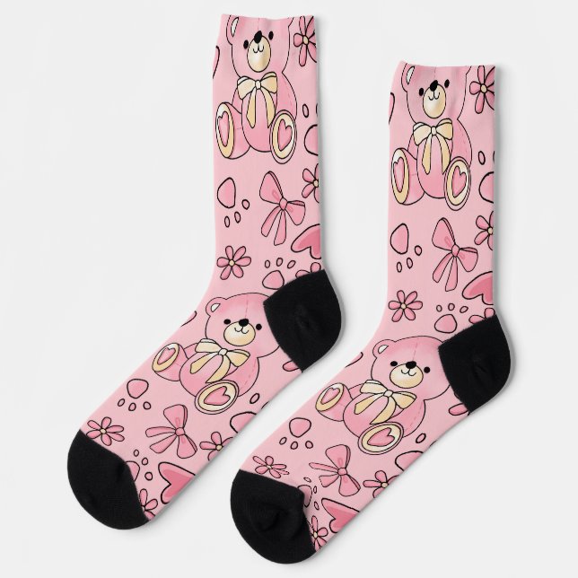  Coquette Pink Teddy Bear Seamless Pattern Socks (Left)