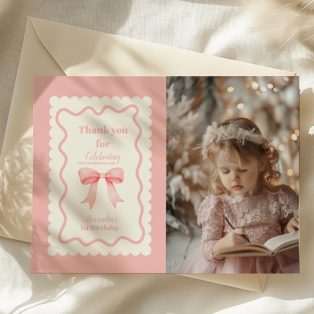 Coquette Pink Watercolor Bow 1st Birthday Thank You Card (Creator Uploaded)