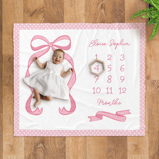 Coquette Polka Dot Pink Bow Baby Girl Milestone Fleece Blanket