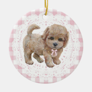 Coquette Poodle Dog Pink Gingham Bows Ceramic Ornament