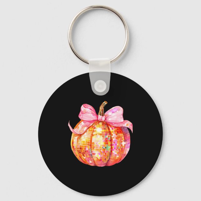 Coquette Pumpkin Bow Disco Ball Cute Girly Hallowe Keychain (Front)