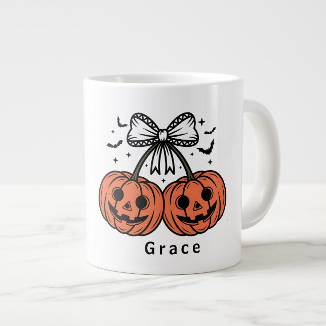 Coquette Pumpkin Cherries Personalized Halloween Large Coffee Mug (Front Right)