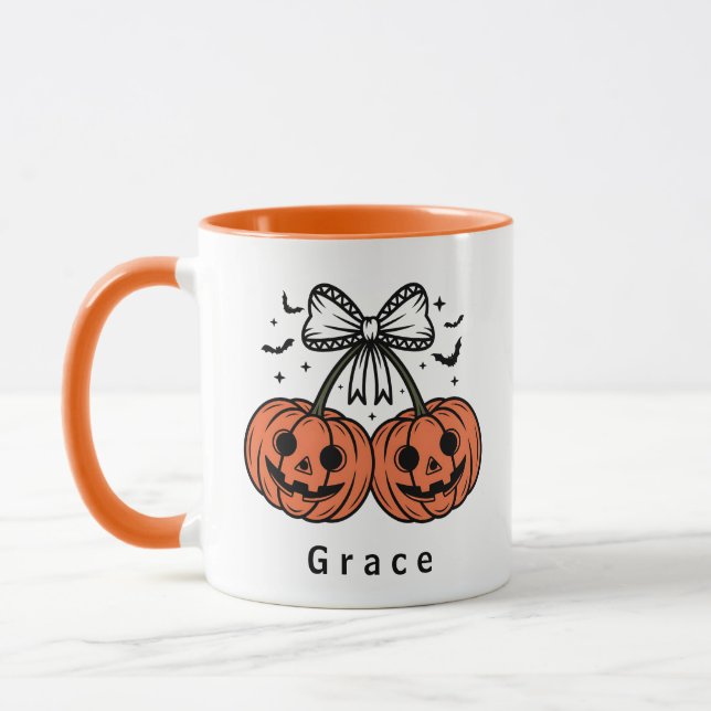 Coquette Pumpkin Cherries Personalized Halloween Mug (Left)