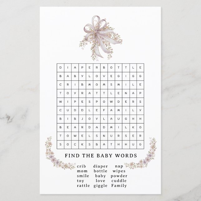 Coquette purple bow baby shower game (Front)