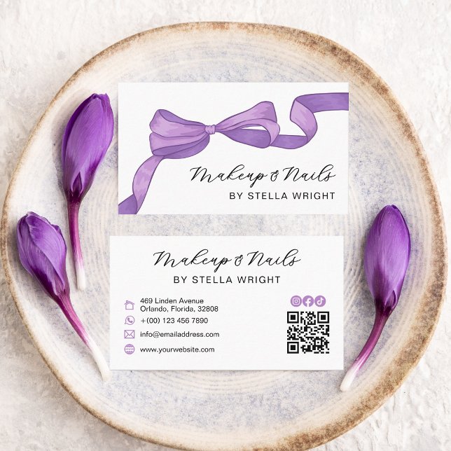 Coquette Purple Bow Beauty QR Code Business Card (Creator Uploaded)