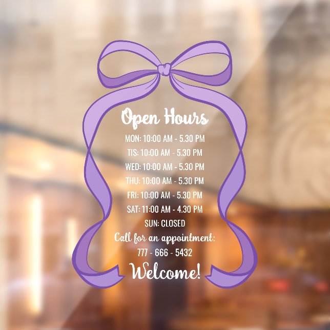 Coquette Purple Bow Small Business Open Hours Window Cling (Sheet 2)