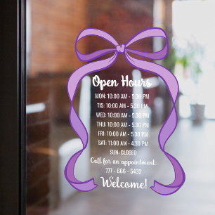 Coquette Purple Bow Small Business Open Hours Window Cling